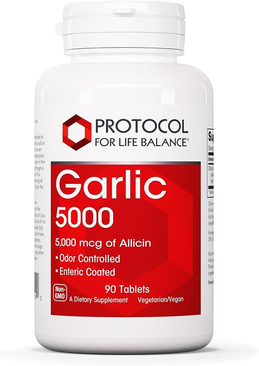 PROTOCOL FOR LIFE BALANCE Garlic 5,000-5,000mcg Allicin Supplement - Odor Controlled, Enteric Coated - Vegan & Kosher - 90 Tablets