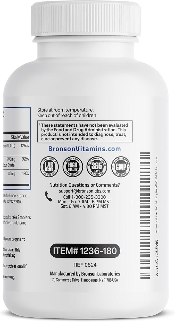 Bronson Calcium 1200 MG Per Serving Sustained Release with Vitamin D3 1000 IU Vitamin D3 Per Serving Non-GMO, 180 Tablets