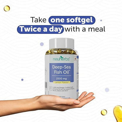 Deep Sea Fish Oil (60 Softgels) Omega 3 Supplement Triple Strength 2500 Mg for Muscle, Joints, Heart & Cognitive Support | No Fishy Burps with Lemon Flavour for Men & Women | (Pack of 1)