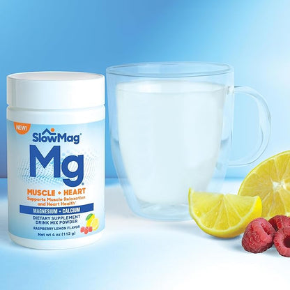 SlowMag® Magnesium Powder, Magnesium + Calcium Supplement Drink Mix, Raspberry Lemon Flavor, Supports Muscle Relaxation & Heart Health, 4oz