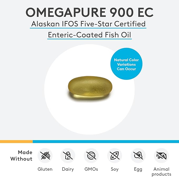 XYMOGEN OmegaPure 900 EC - Alaskan IFOS Five-Star Certified Omega 3 Fish Oil - EPA DHA Fish Oil Supplement- Support Cardiovascular and Brain Health (120 Enteric-Coated Softgels)