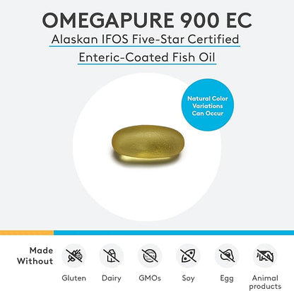XYMOGEN OmegaPure 900 EC - Alaskan IFOS Five-Star Certified Omega 3 Fish Oil - EPA DHA Fish Oil Supplement- Support Cardiovascular and Brain Health (120 Enteric-Coated Softgels)