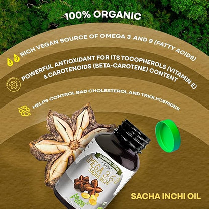 Amazon Andes Sacha Inchi Capsules (Plukenetia volubilis) - Source of Omega 3, 6, 9 with Essential Fatty Acids - Odorless & Sustainably sourced - Brain Function Supporter - 60 Softgel Pills (1000mg)