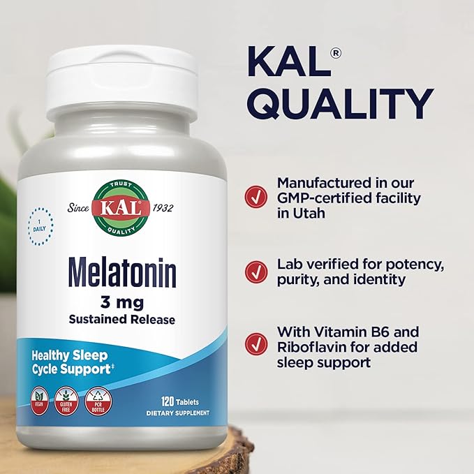 KAL Melatonin 3mg Sustained Release Sleep Aid, Melatonin Supplement Supports Healthy Relaxation, a Calm Feeling and a Proper Sleep Cycle, w/Added Vitamin B6, Vegan, Gluten Free, 120 Serv, 120 Tablets