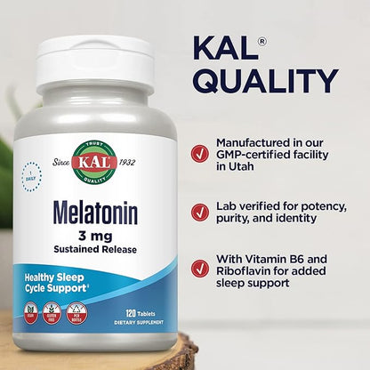KAL Melatonin 3mg Sustained Release Sleep Aid, Melatonin Supplement Supports Healthy Relaxation, a Calm Feeling and a Proper Sleep Cycle, w/Added Vitamin B6, Vegan, Gluten Free, 120 Serv, 120 Tablets