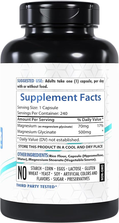 Magnesium Glycinate 500mg | 240 Veg Capsules | High-Absorption Chelated Magnesium | Gluten-Free | Non-GMO | Made in The USA