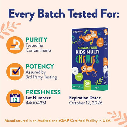 OmegaVia Sugar Free Kids Multivitamin Chewies - Daily Chewable Gummy Vitamins for Kids 3+, Vitamin A, C, D3, E, B6 & B12, Folate & More, Natural Orange Flavor, 30 Count