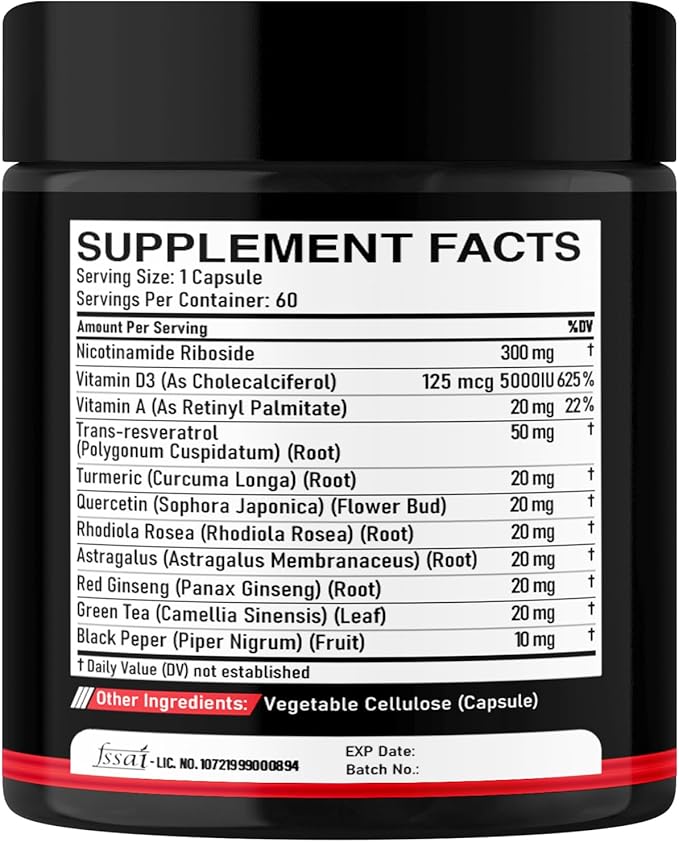 11in1 NAD+ Supplement with Nicotinamide Riboside, Quercetin, Resveratrol and 8 More - 2 Month Supply