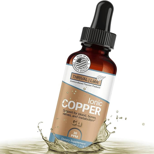 Ionic Colloidal Copper Liquid (30 PPM) | Mental Clarity & Nerve Function | Hair, Skin, Nails & Collagen | Red Blood Cells & Energy Production | Cholesterol Levels & Blood Pressure (4oz Dropper)