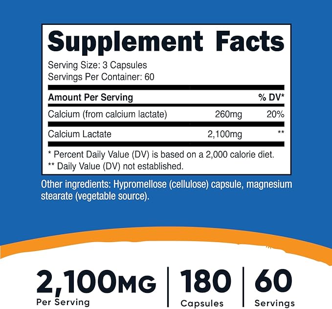 Nutricost Calcium Lactate 2,100mg; 180 Capsules - Vegan, Non-GMO and Gluten Free, 60 Servings