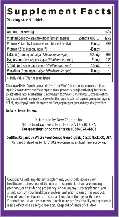 New Chapter Calcium Supplement - Bone Strength Organic Calcium with Magnesium, Vitamin D3+K2, 70+ Trace Minerals for Bone Health, Gluten Free, Easy to Swallow Slim Tablets - 120 Count