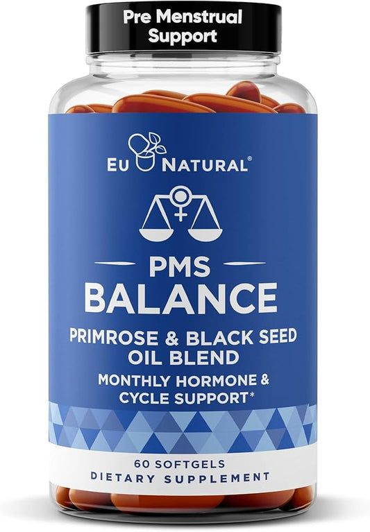 Eu Natural Balance PMS Vitamins for Women - Hormone Balance for Women, Menstrual Support - Primrose Oil, Black Seed Oil & DIM - 60 Liquid Softgels