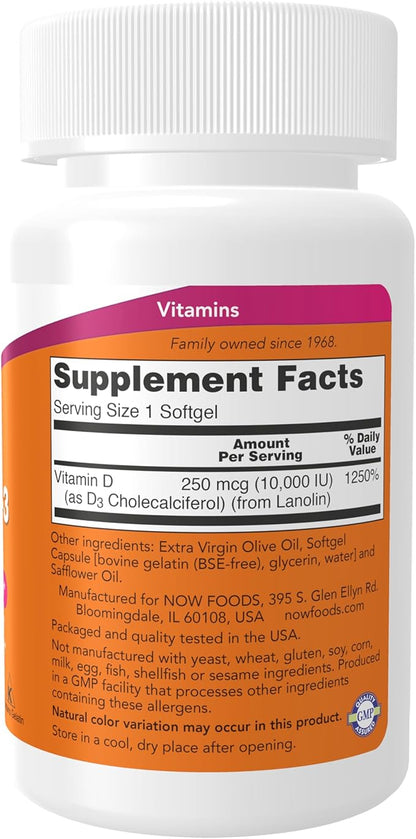 NOW Foods Supplements, Vitamin D-3 10,000 IU, Highest Potency, Structural Support*, 30 Softgels