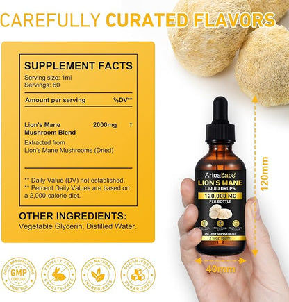 Lions Mane Mushroom Drops - 2Pack, Brain Supplement, Brain Vitamins, Enhance Memory & Focus & Immunity, 4 Oz
