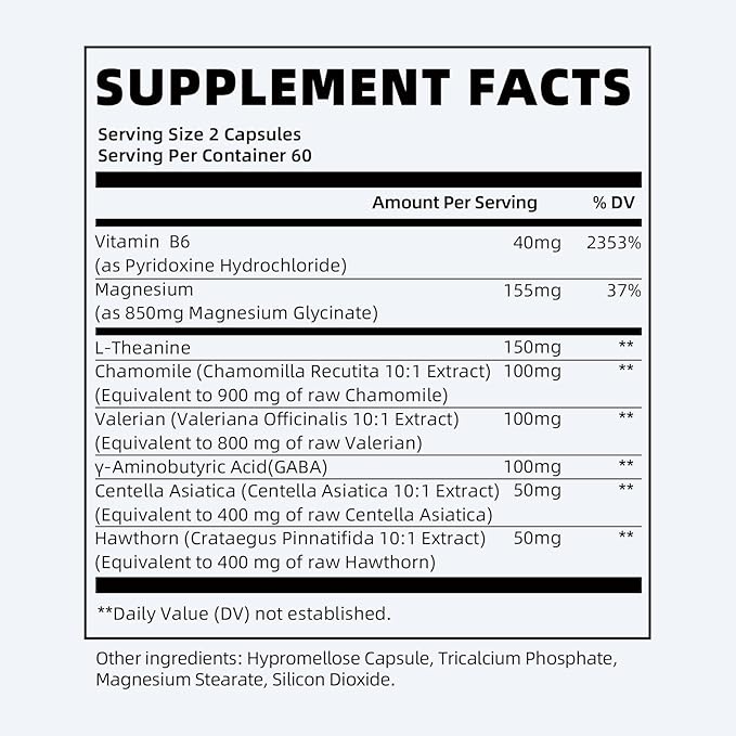 Magnesium Glycinate Supplement with L-Theanine, Chamomile & GABA – Supports Sleep, Calmness, Muscle Relaxation for Men & Women – Vegan, High-Absorption, 120 Capsules