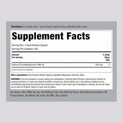 Piping Rock Vitamin K2 MK4 Supplement | 100mcg | 220 Capsules | Non GMO & Gluten Free