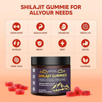 Shilajit Gummies, Sugar-Free Gummies, 500 Mg Shilajit Pure Himalayan Organic, Shilajit Supplement, Shilajit Resin, Gold Grade Nature Shilajit with 4 in-1 Complex for Energy Support, 60 Gummies