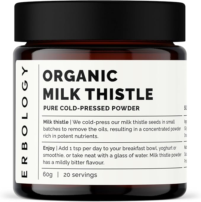Erbology Organic Milk Thistle Powder 2.1 oz - 20 Servings - 180mg Silymarin per Serving - Liver Health - Cold-Pressed from 100% Milk Thistle Seeds - Sustainably Sourced in Europe - Vegan - GMO-Free