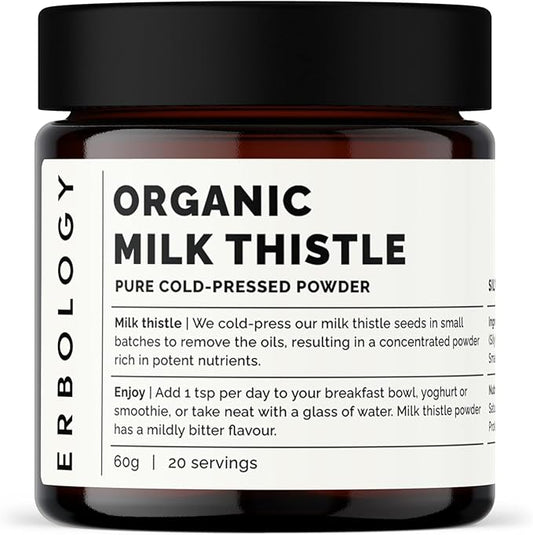 Erbology Organic Milk Thistle Powder 2.1 oz - 20 Servings - 180mg Silymarin per Serving - Liver Health - Cold-Pressed from 100% Milk Thistle Seeds - Sustainably Sourced in Europe - Vegan - GMO-Free