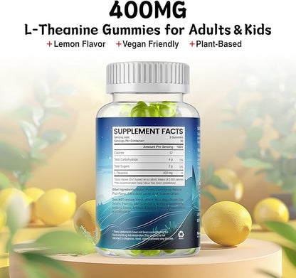 l theanine Gummy, l-theanine 400mg Supplement for Adults & Kids, Organic l'theanine Chewable for Stress Relief, Focus and Relaxation, Vegan, 60 Gummies