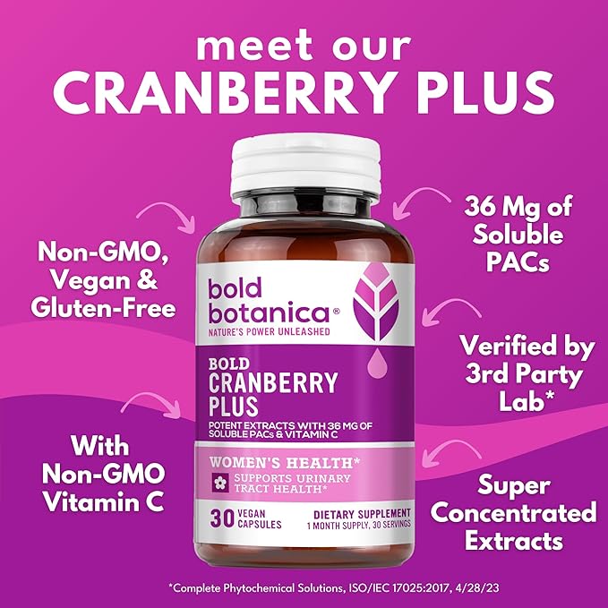 Bold Cranberry Plus – 36 mg PAC 100% Soluble from Juice Extract– Urinary Tract UTI Support- Cranberry Pills for Women & Men- with Non-GMO Vitamin C – 30 Vegan Capsules