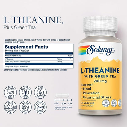 SOLARAY L-Theanine - 45 VegCaps - 200 mg + 100 mg Green Tea Leaf