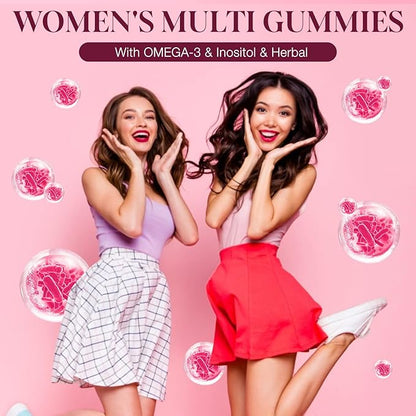 Multivitamin for Women, Womens Multivitamin Gummy w/Omega-3, Inositol, Folate, Biotin, Vitamins A, C, D3, E, B12 for Heart, Brain, Hair, Energy & Immune, Sugar-Free Gummies, Berry Flavor, 90 Cts