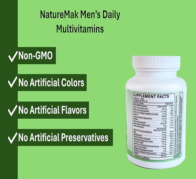 Multivitamin Tablet for Men, Once Daily Multivitamin for Adult, Multimineral Supplement with Lycopene, Vitamins A, D, C, K, and B-Complex. Supports Immunity, Bone, Hair, Skin, 60 Count