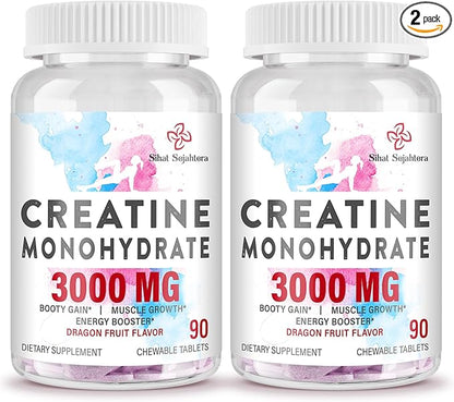3000 MG Creatine Monohydrate for Women & Men, Creatine Pills with BCAA & Hydrolyzed Collagen Creatine Chews Tablets for Performance & Recovery, Strength, Dragon Fruit Flavor, 180 Tablets