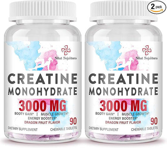 3000 MG Creatine Monohydrate for Women & Men, Creatine Pills with BCAA & Hydrolyzed Collagen Creatine Chews Tablets for Performance & Recovery, Strength, Dragon Fruit Flavor, 180 Tablets