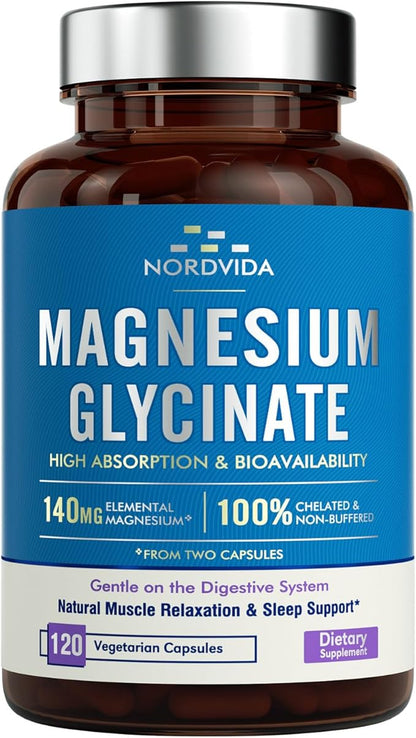 Magnesium Glycinate, 140 mg Elemental Magnesium Per Serving, Non Buffered, Max Absorption, Muscle Function, Nerve Health & Relaxation Support, 120 Vegetarian Caps