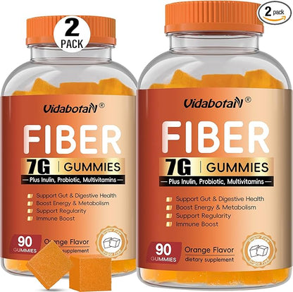 Sugar Free Prebiotic Fiber Gummies for Adult-7G Fiber–Fiber Supplement with Inulin, Probiotic, Vitamins for Digestive & Gut Health and Regularity Support, Orange Flavor, 180 Gummies(Pack of 2)