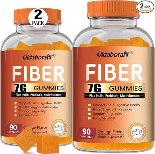 Sugar Free Prebiotic Fiber Gummies for Adult-7G Fiber–Fiber Supplement with Inulin, Probiotic, Vitamins for Digestive & Gut Health and Regularity Support, Orange Flavor, 180 Gummies(Pack of 2)