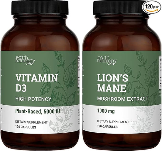 Earth Harmony Vegan Vitamin D3 5000 iu & Organic Lion's Mane 1000mg Supplement - 120 Capsules Each