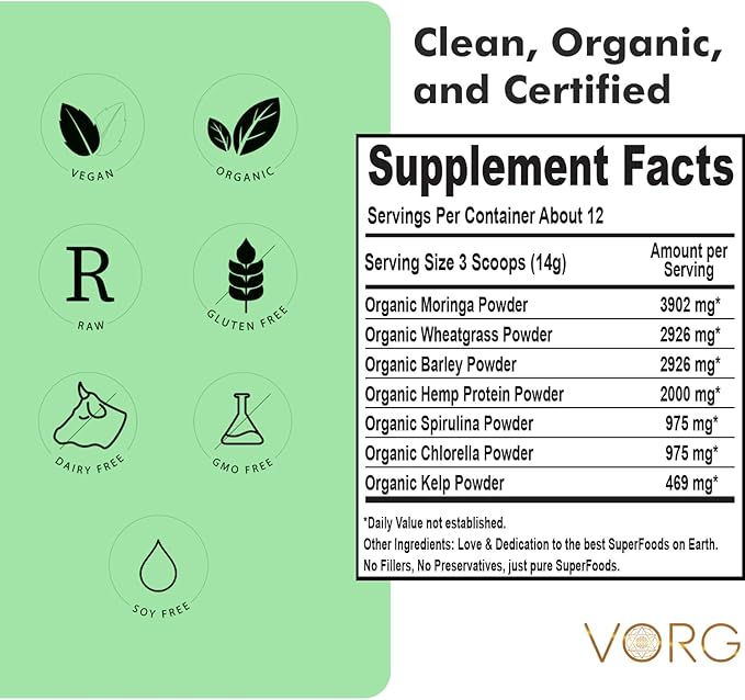 VORG SuperGreens – Organic Green Superfood Powder | Chlorella, Barley Grass, Moringa, Spirulina, Wheatgrass | Probiotics, Digestive Enzymes & Fiber for Energy, Detox & Gut Health (5.92)