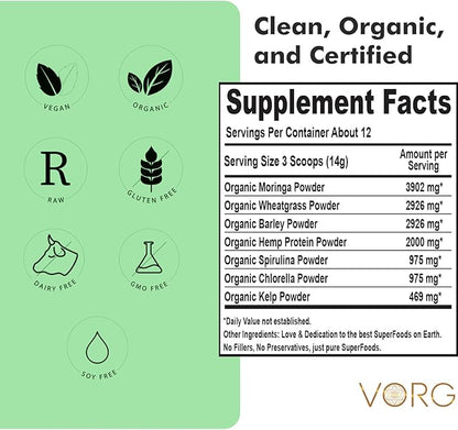 VORG SuperGreens – Organic Green Superfood Powder | Chlorella, Barley Grass, Moringa, Spirulina, Wheatgrass | Probiotics, Digestive Enzymes & Fiber for Energy, Detox & Gut Health (5.92)