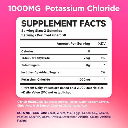 2 Pack Potassium Gummies, Potassium Chloride 1000mg for Adults, Sugar-Free Potassium Supplement Gummies Support Electrolyte Balance & Leg Cramps for Women & Men, Raspberry Flavor, 120 Count