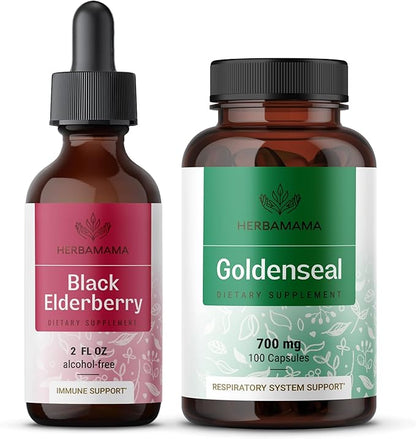 HERBAMAMA Black Elderberry and Goldenseal Kit - Bundle of Elderberry Extract & 700mg Goldenseal Root Capsules - Vegan, Non-GMO, Sugar & Gelatin-Free - 2 Pack