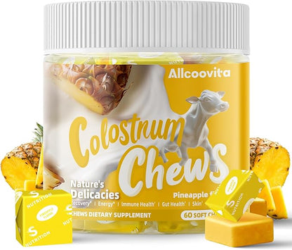 Bovine Colostrum Chews Supplement with probiotics for Gut Health, Bloating, Immune Support, Skin, Hair Growth and Beauty - Pineapple Flavor (60 Servings)