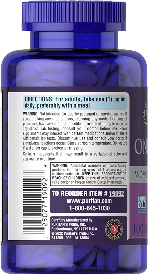 Puritans Pride One Daily Women's Multivitamin Caplets, 100 Count