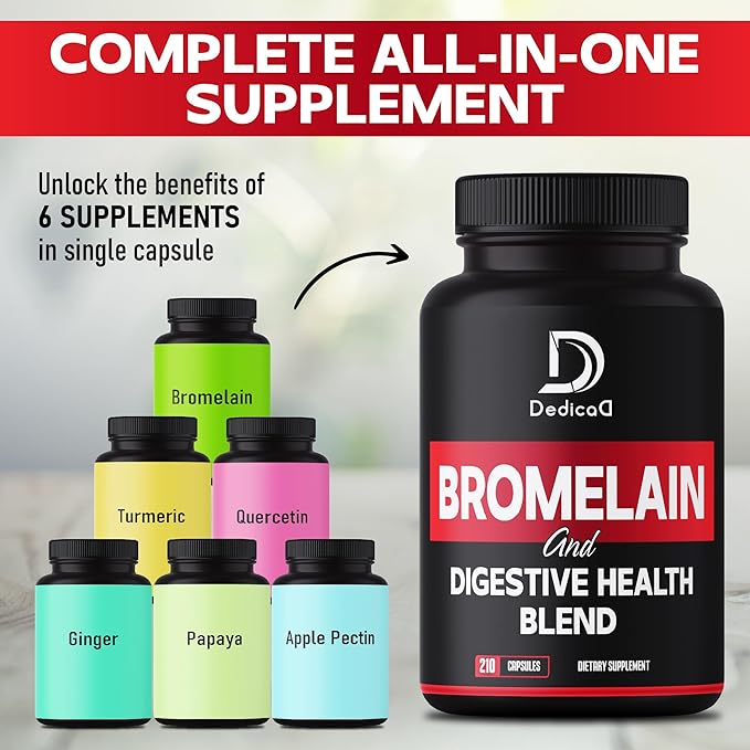 6in1 Bromelain 500mg Supplement - 1000mg per Serving - 210 Capsules with Digestive Health Blend as Quercetin, Ginger, Turmeric, Papaya - Support Overall Health, Digestion & Immune System