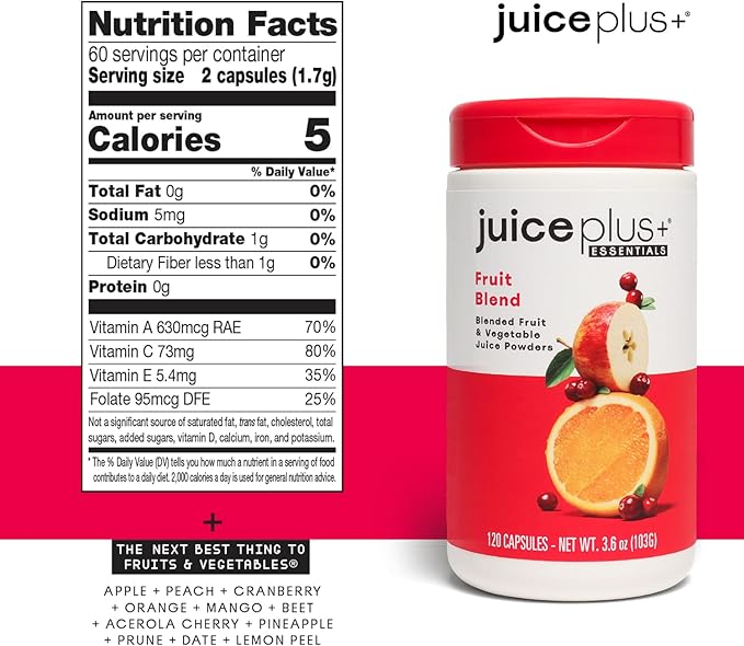 Juice Plus+ Fruit Blend - Fruit and Vegetable Supplement - Whole Food Ingredients Like Acerola Cherry, Apple, Mango, Beetroot and More - Vegan, Non-GMO - 120 Capsules