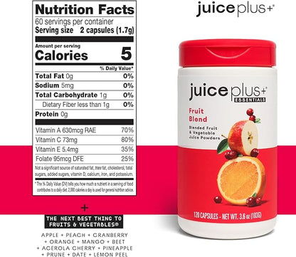 Juice Plus+ Fruit Blend - Fruit and Vegetable Supplement - Whole Food Ingredients Like Acerola Cherry, Apple, Mango, Beetroot and More - Vegan, Non-GMO - 120 Capsules