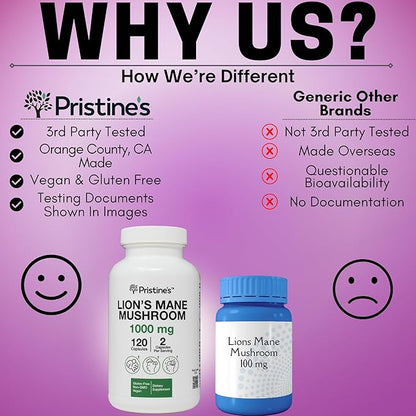 PRISTINE'S Lion's Mane Mushroom 1000mg (2 Pack) Brain Memory & Focus Adaptogen Supplement - 120 Day Supply - Cognitive Function & Immunity Health Memory Supplements for Adults - Vegan - Non-GMO