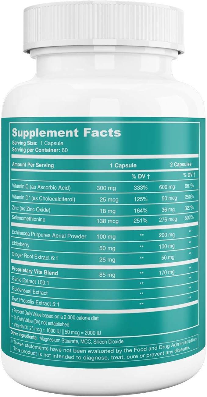 DK Vita 9 in 1 Immune Support Supplement - Elderberry, Zinc, Vitamin C, Echinacea, Goldenseal, Ginger Root, Bee Propolis, Garlic Extract - Two Month Supply - 60 Capsules