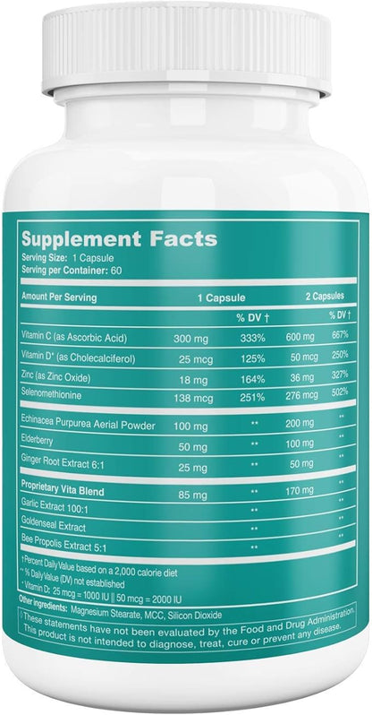 DK Vita 9 in 1 Immune Support Supplement - Elderberry, Zinc, Vitamin C, Echinacea, Goldenseal, Ginger Root, Bee Propolis, Garlic Extract - Two Month Supply - 60 Capsules