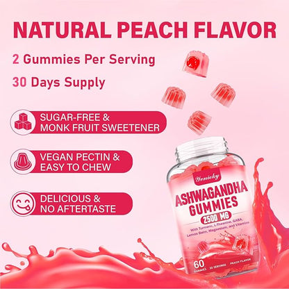 Ashwagandha Gummies 2500mg for Women & Men: Ashwagandha Supplement Gummy Extra Strength with Turmeric, Vitamin D3, L-Theanine, Magnesium - Filled Gummies, Strawberry Flavor, Vegan, Non-GMO