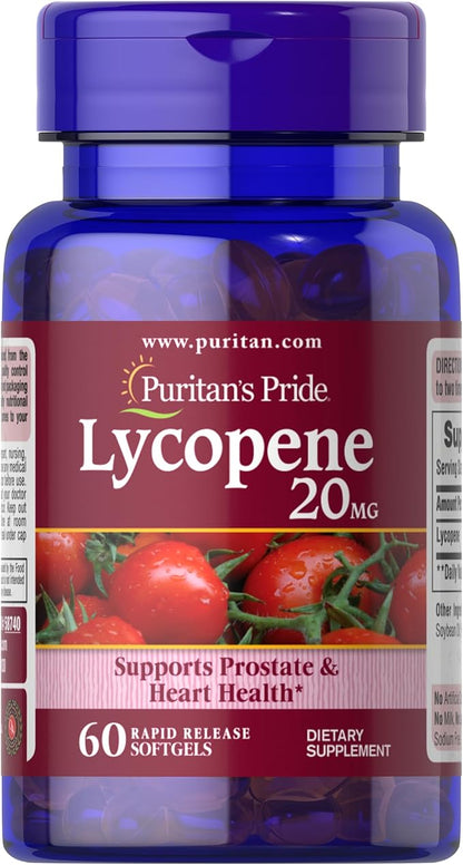 Puritan's Pride Premium Lycopene 20mg, Dietary Supplement for Prostate, Antioxidant, Heart Health, and Overall Health Support, 1 Month Supply, 60 Rapid Release Softgels
