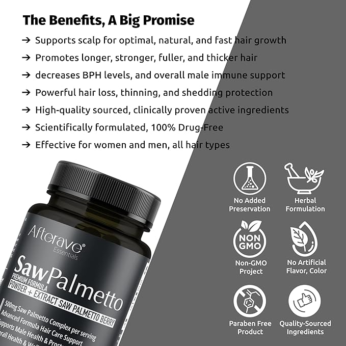 Saw Palmetto Premium, Scalp Health for Optimal Hair Growth, Follicle Strength, Hair Loss Protection, Prostate and Urinary Health and Overall Male Immune Support