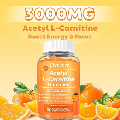 2 Pack Acetyl L-Carnitine Gummies for Energy & Brain Function Support – Vegan, Non-GMO, Orange Flavor, 120 Count (60-Day Supply)
